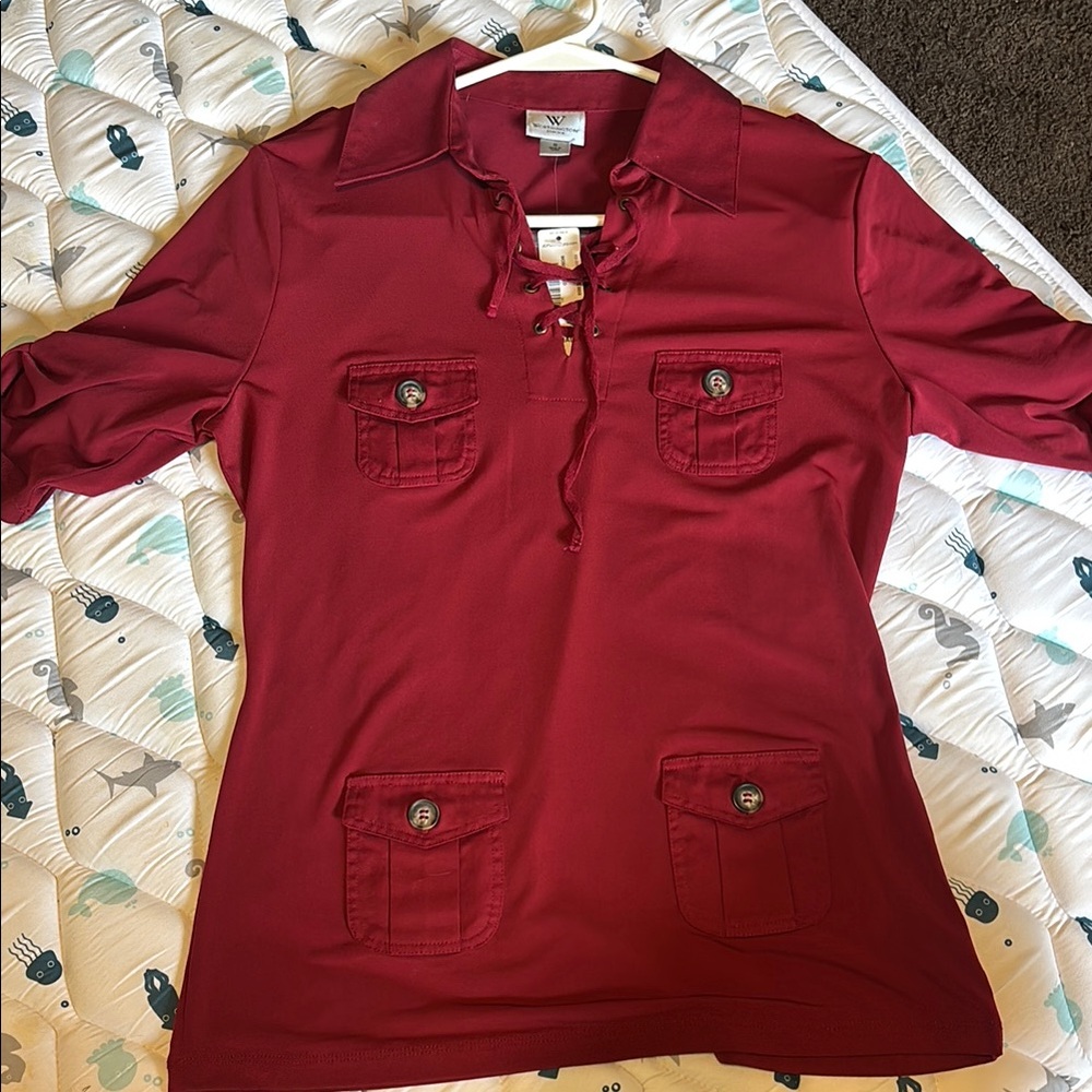 Worthington Red 3/4 Sleeve Polo Button Down Shirt